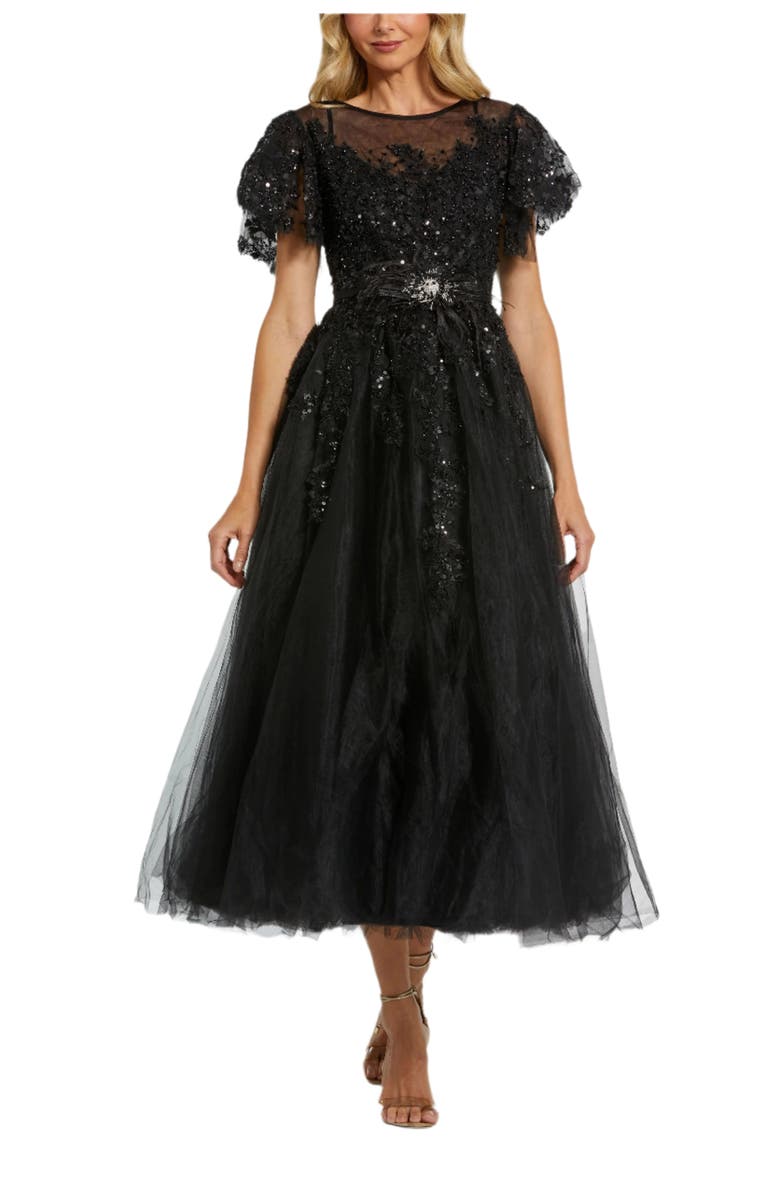Mac Duggal Embellished Flutter Sleeve Bow Waist A Line Dress, Main, color,