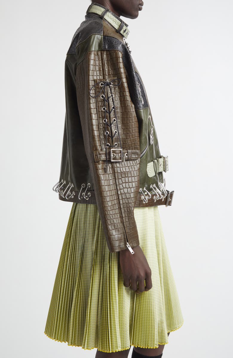 Chopova Lowena Inversion Lace-Up Leather Jacket, Alternate, color, Green Multi