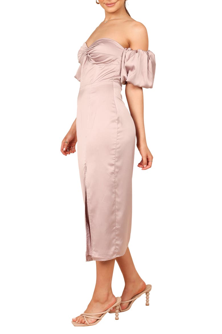 Dahlia Puff Sleeve Off the Shoulder Satin Midi Dress, Alternate, color, LILAC