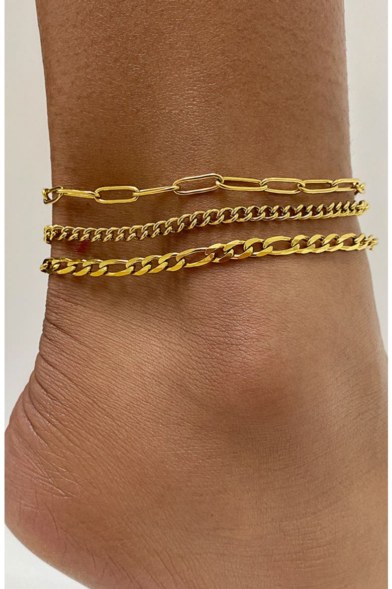 Set of 3 Water Resistant Mixed Chain Anklets, Alternate, color, YELLOW