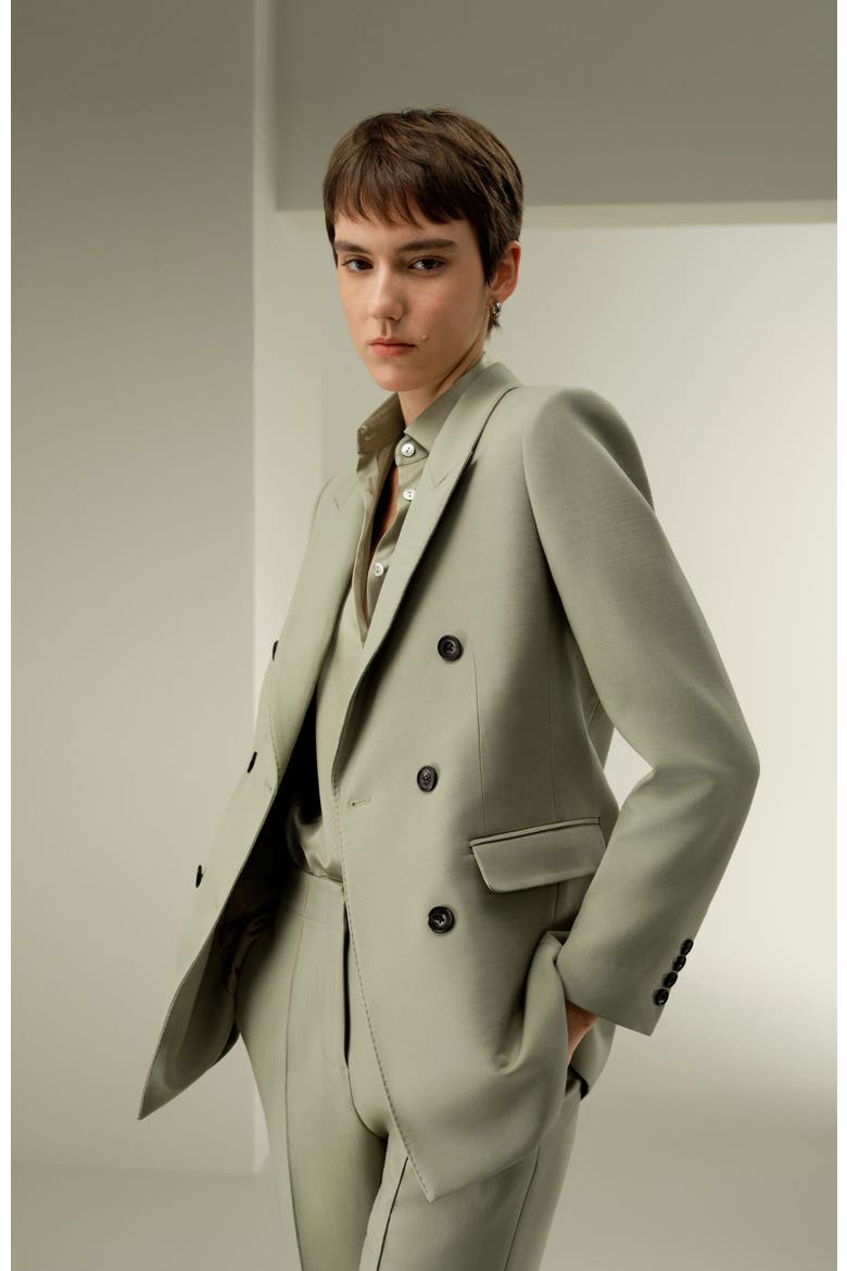 Women's Silk-Wool Blend Double Breasted Lapel Blazer, Alternate, color, Laurel Oak