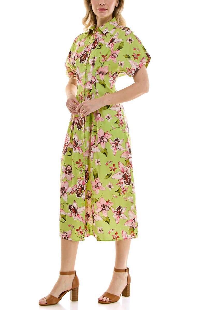 Nicole Miller Pintuck Waist Midi Shirtdress, Alternate, color, Orchid Allover Lime