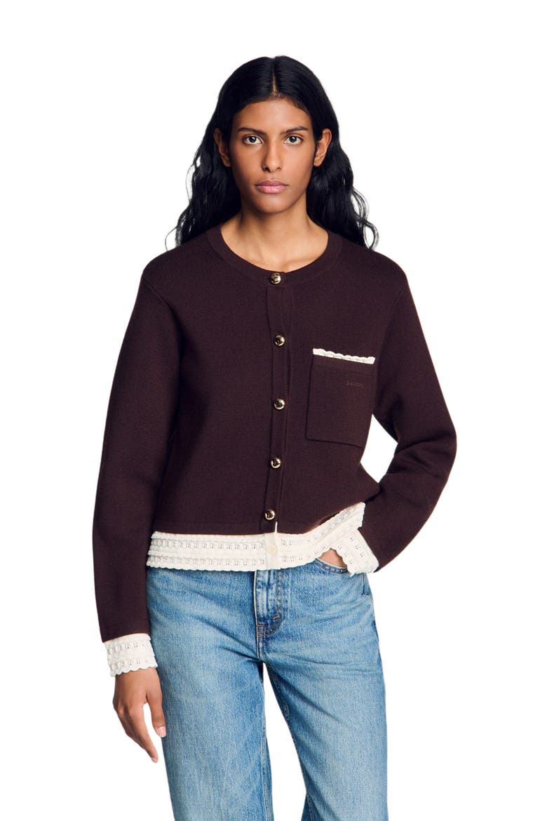 Cardigan with contrast lace, Main, color, Brown