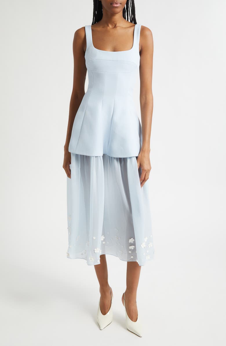 Stine Goya Floral Appliqué Mixed Media Bustier Midi Dress, Main, color, Light Blue Bloom