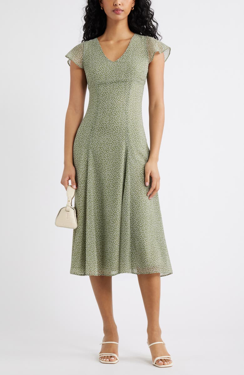 Open Edit Short Sleeve Godet Pleat Dress, Alternate, color, Olive- White Dense Dot