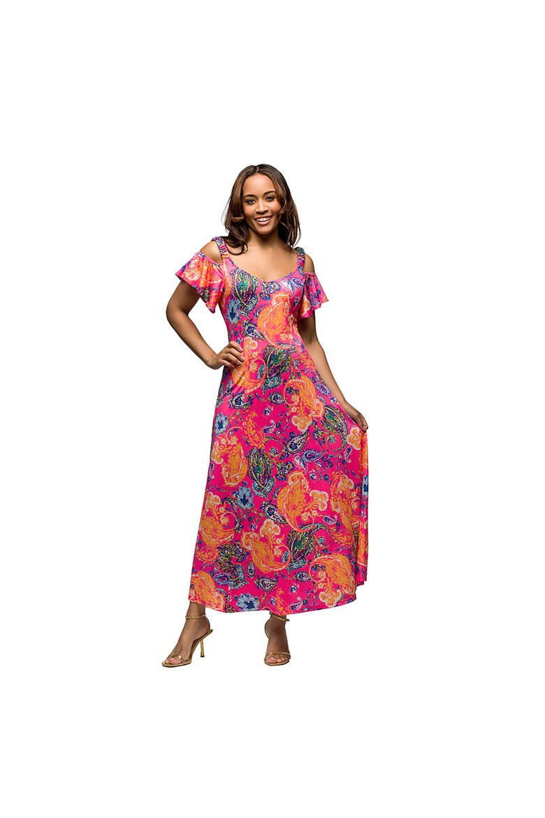 Maternity Pink Paisley Cold Sholder Ruffle Sleeve A-Line Maxi Dress, Main, color, Pink Multi