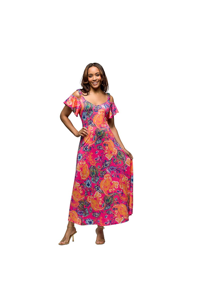 24seven Comfort Apparel Maternity Pink Paisley Cold Sholder Ruffle Sleeve A-Line Maxi Dress, Main, color, Pink Multi