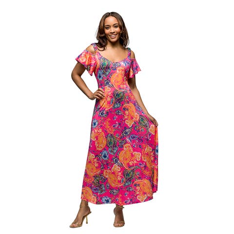 Maternity Pink Paisley Cold Sholder Ruffle Sleeve A-Line Maxi Dress