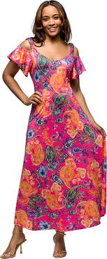 24seven Comfort Apparel Maternity Pink Paisley Cold Sholder Ruffle Sleeve A-Line Maxi Dress