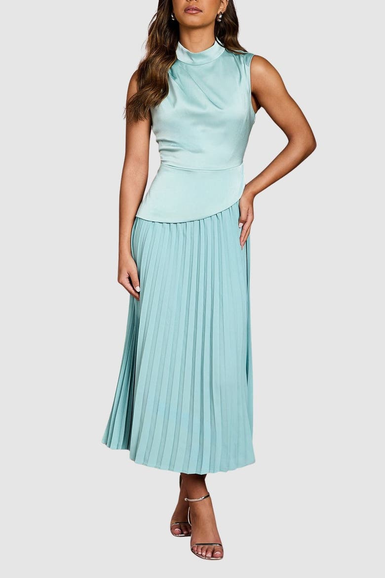 High Neck Pleated Midi Dress, Alternate, color, Duck Egg Blue