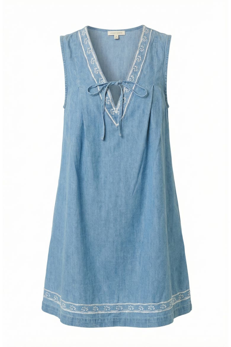 Sleeveless Mini Dress with Embroidered Trim and Tie Front Detail, Alternate, color, Blue