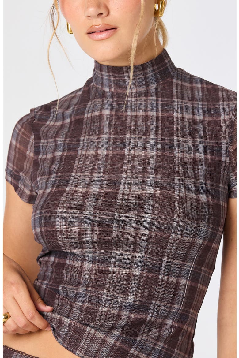Baila Plaid Mesh Mock Neck Top, Alternate, color, BROWN BLUE PLAID