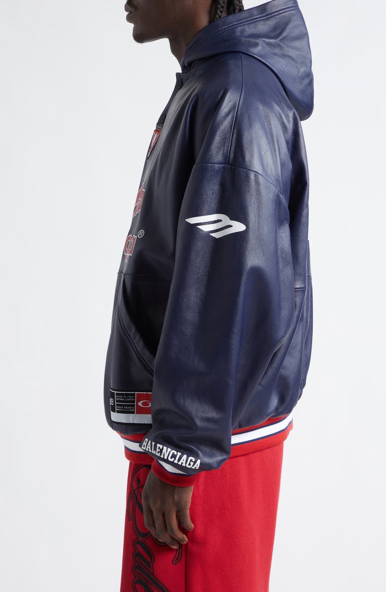 Balenciaga 3B Leather Polo Hoodie, Alternate, color, 4100 Dark Navy
