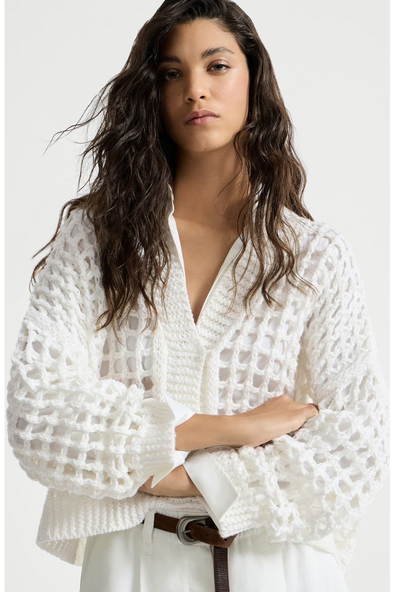 Jute and cotton net cardigan, Alternate, color, White