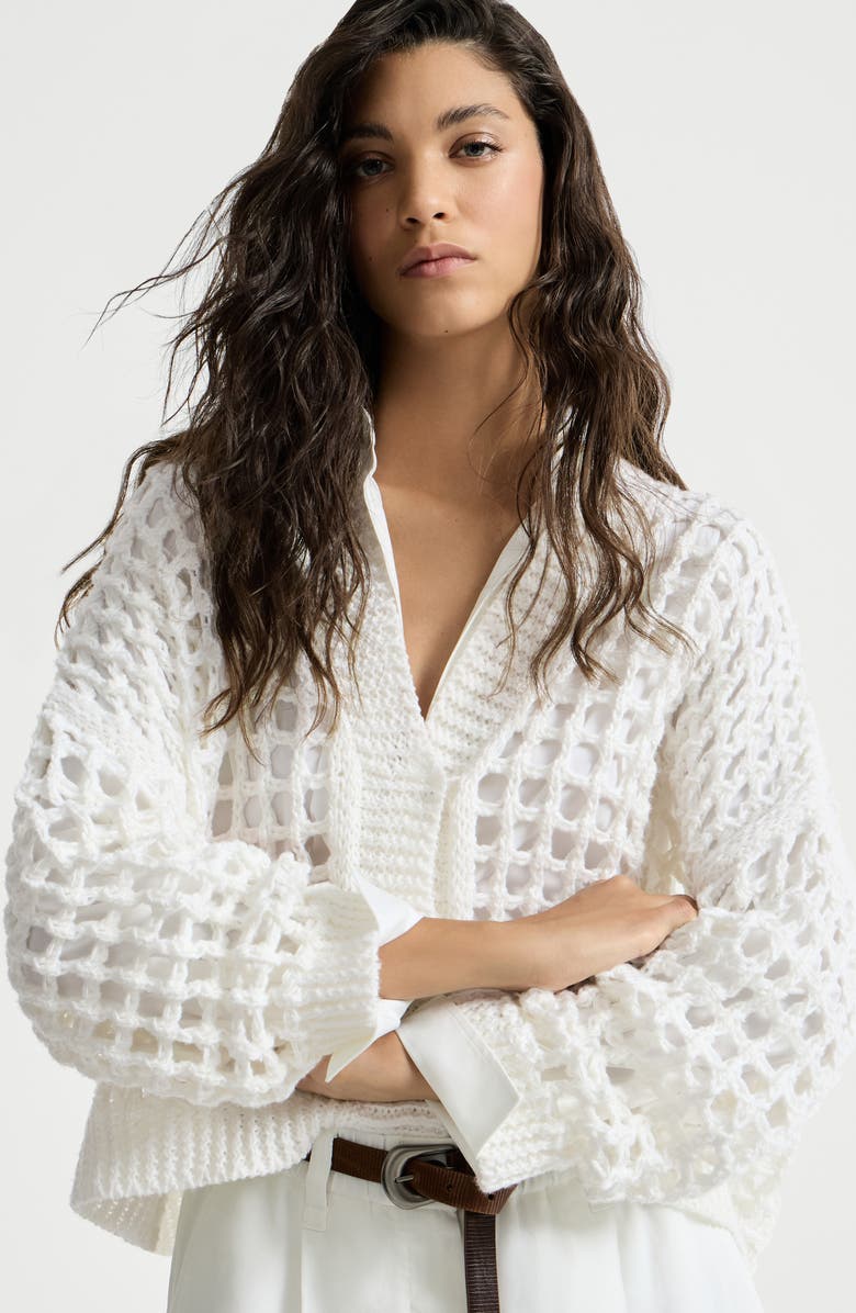 Brunello Cucinelli Jute and cotton net cardigan, Alternate, color, White