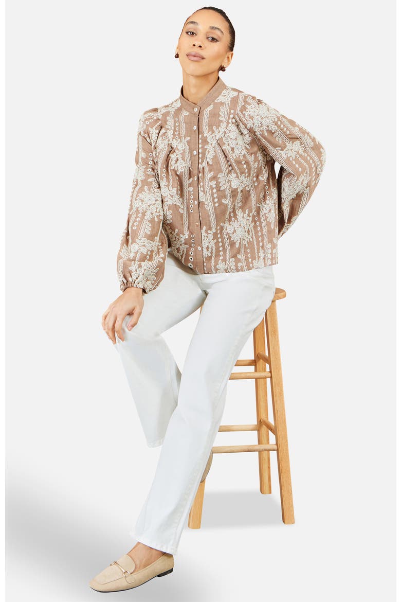Embroidered Floral Relaxed Shirt, Alternate, color, Brown
