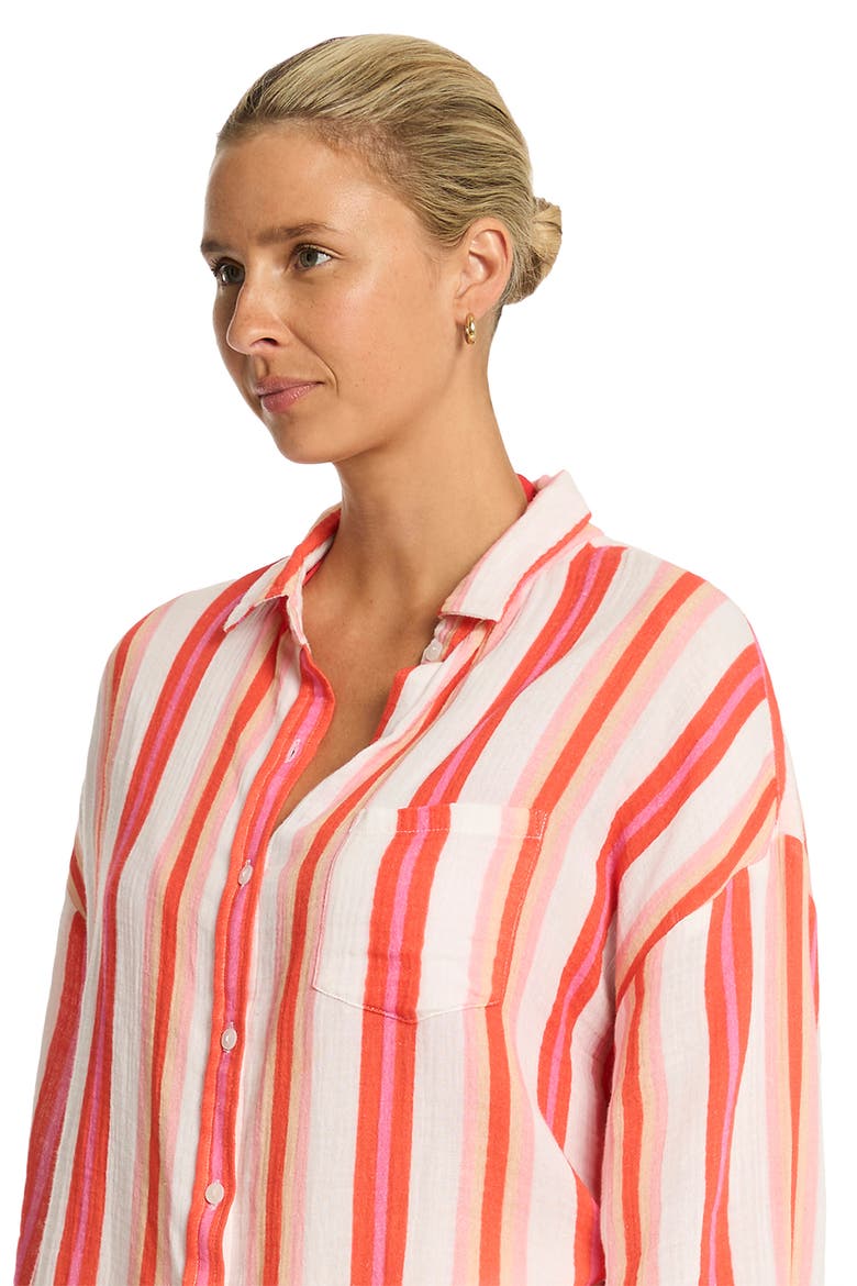West Coast Beach Stripe Cover-Up Shirt, Alternate, color, CORAL