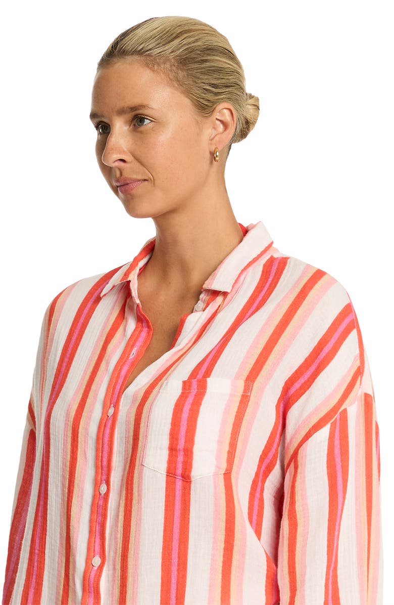 Sea Level West Coast Beach Stripe Cover-Up Shirt, Alternate, color, Coral