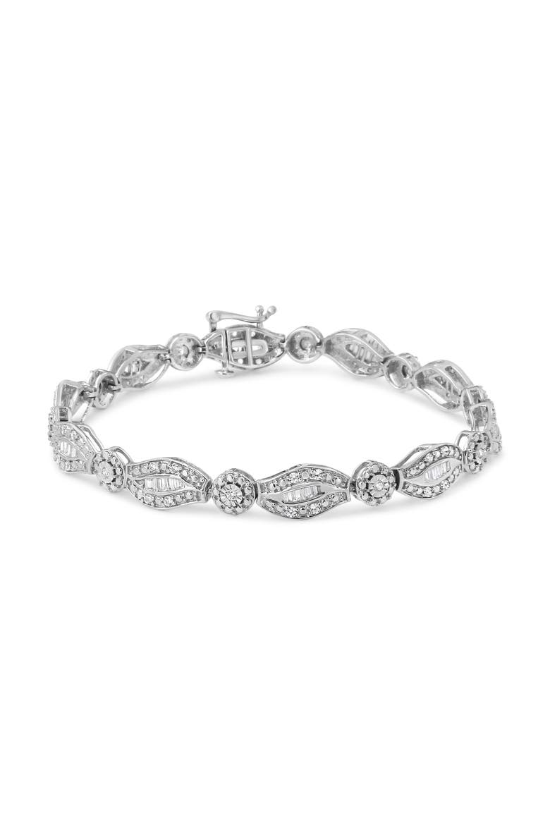 Silver 1 cttw Diamond Double Leaf and Bezel Link Bracelet, Main, color, White