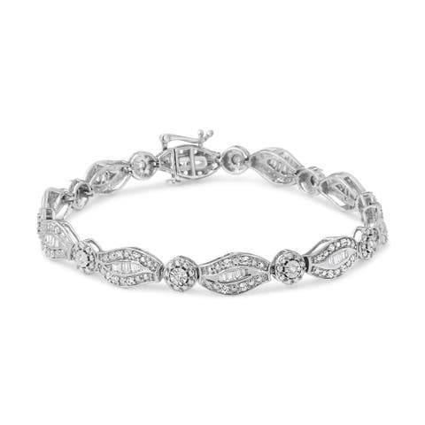 Silver 1 cttw Diamond Double Leaf and Bezel Link Bracelet