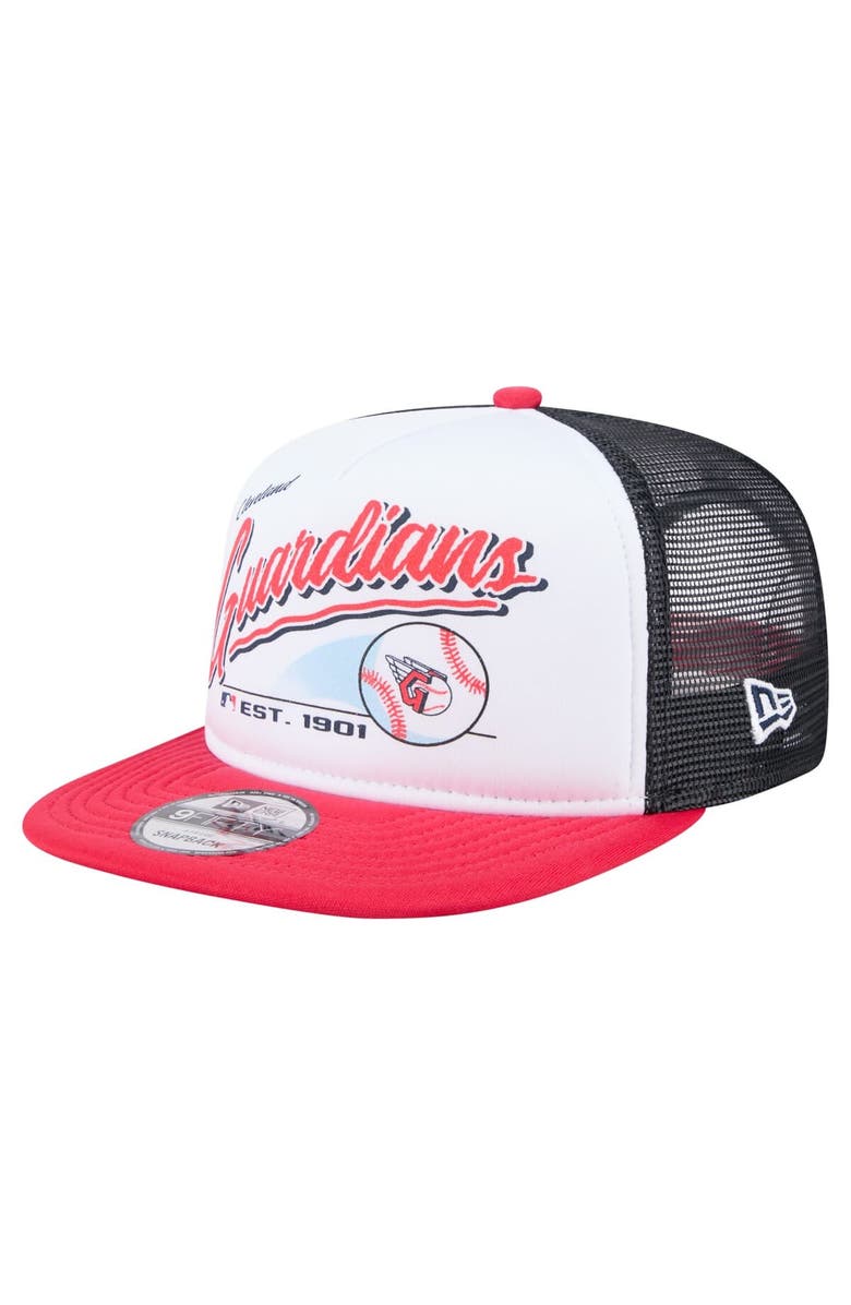 New Era Men's New Era White/Red Cleveland Guardians Retro Script Trucker 9FIFTY Snapback Hat, Main, color, White