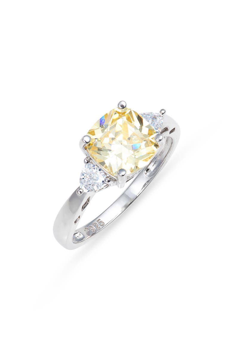 Cushion Cut Cubic Zirconia 3-Stone Ring, Main, color, CLEAR- YELLOW- PLATINUM PLATED