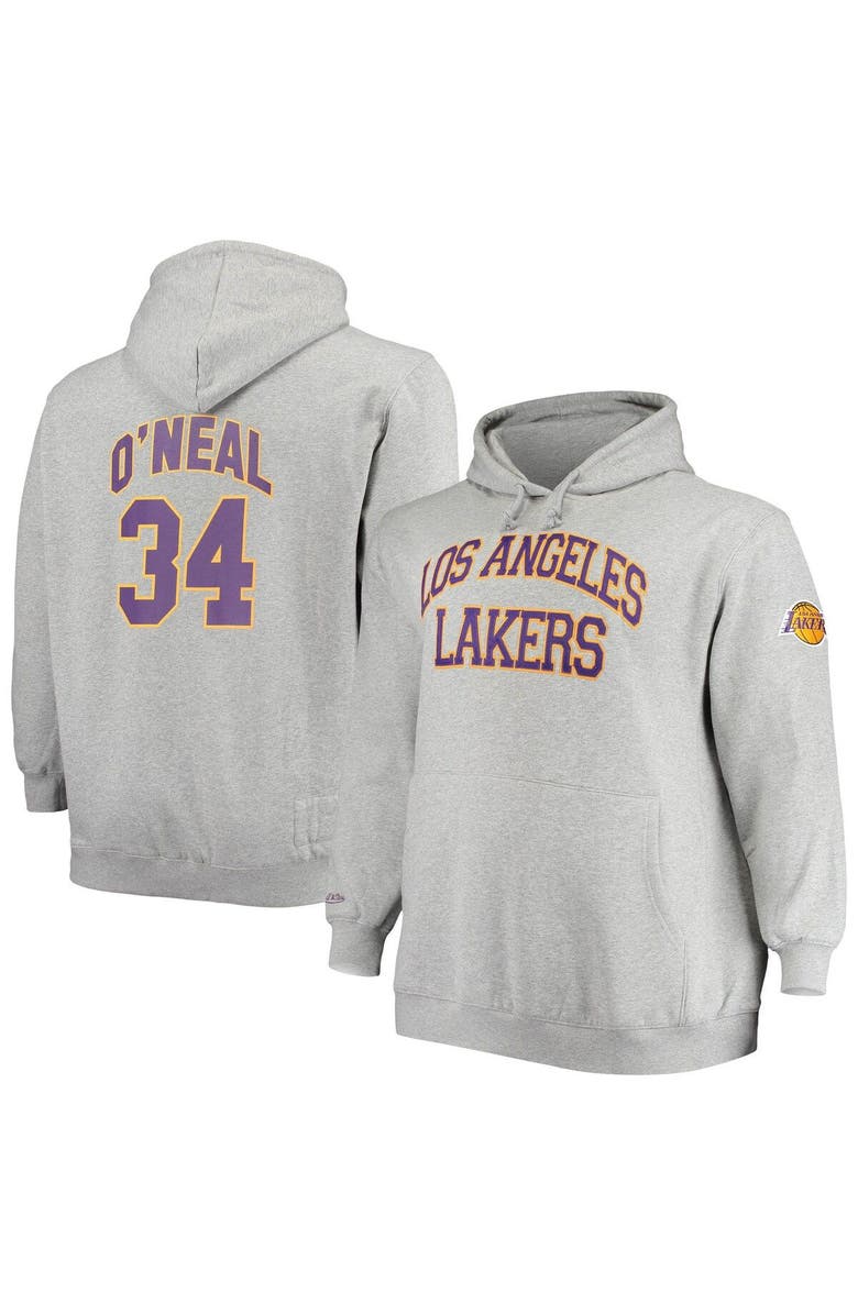 Mitchell & Ness Men's Mitchell & Ness Shaquille O'Neal Heathered Gray Los Angeles Lakers Big & Tall Name & Number Pullover Hoodie, Main, color, 