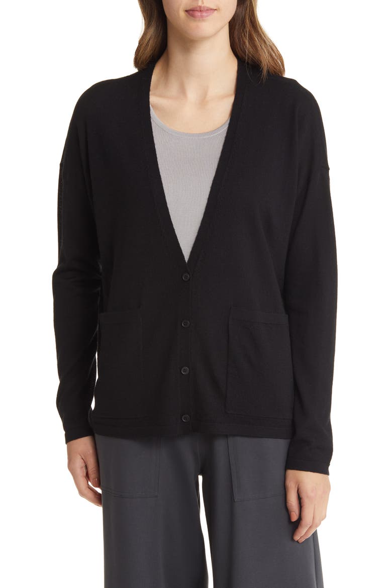 V-Neck Merino Wool Cardigan, Alternate, color, BLACK