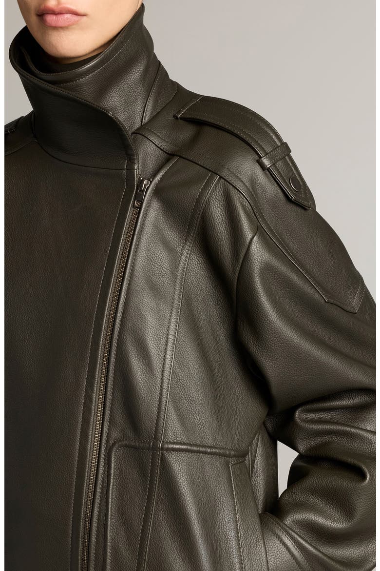 Oversize Leather Biker Jacket, Alternate, color, DEEP FOREST