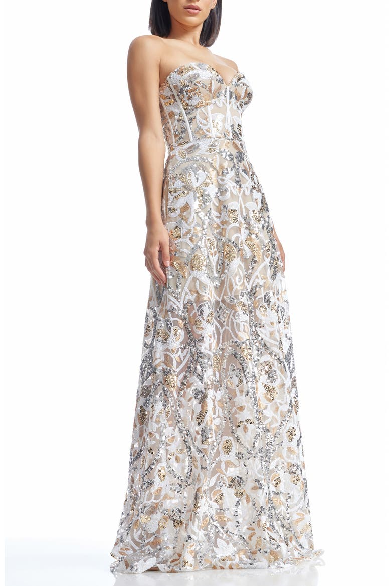 Daven Sequin Mixed Print Strapless Gown, Alternate, color, GOLD MULTI