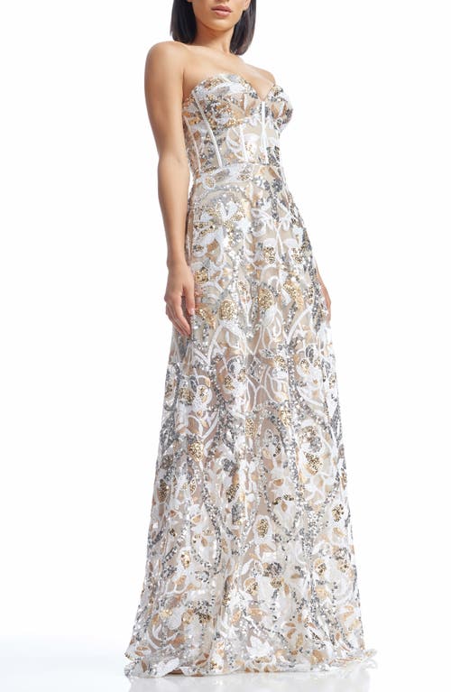 Dress The Population Daven Sequin Mixed Print Strapless Gown In Gold Multi