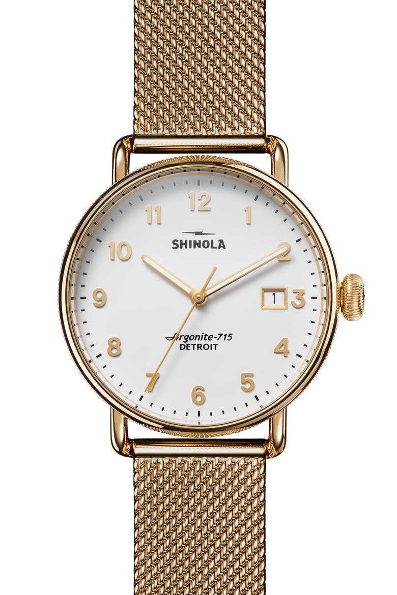The Canfield Mesh Strap Watch, 38mm, Main, color, GOLD/ WHITE/ GOLD