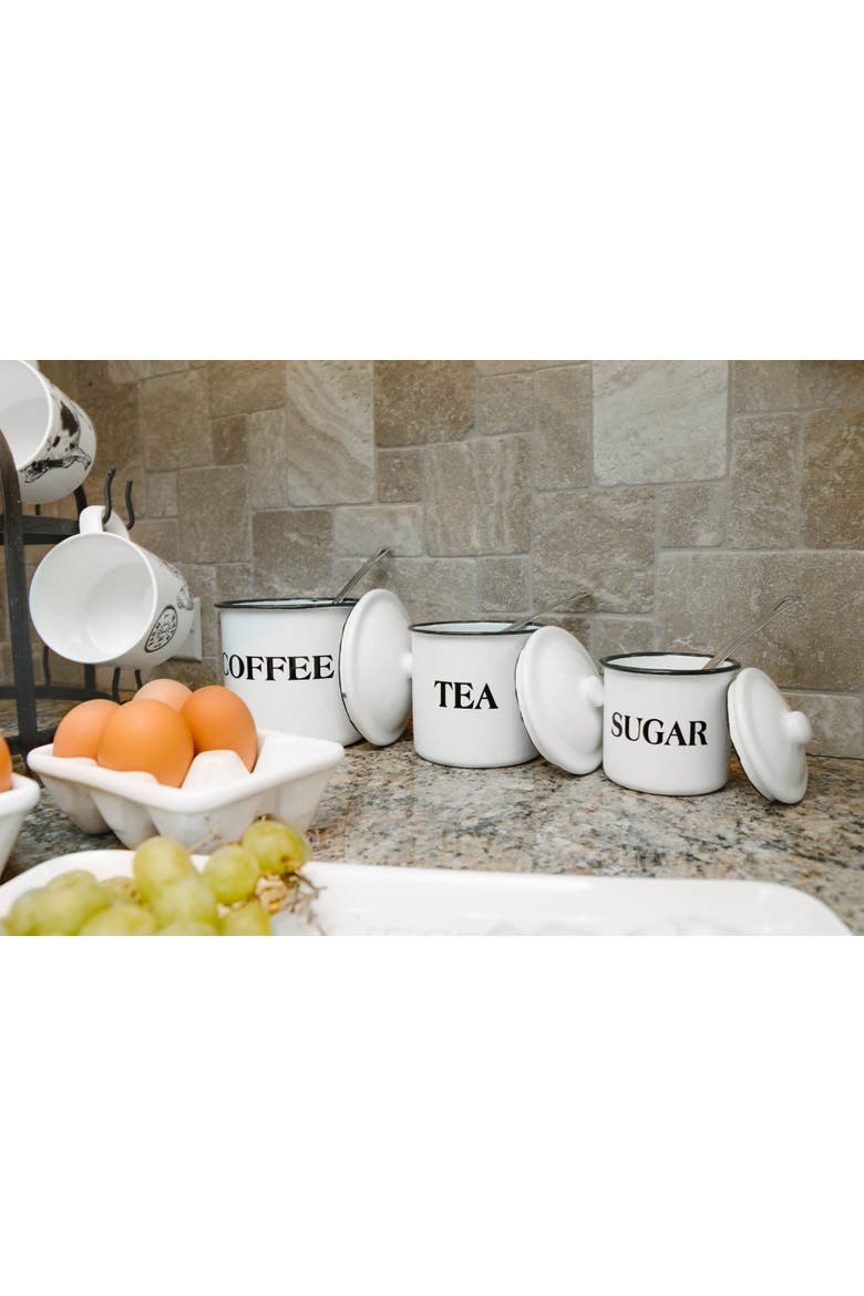Farmhouse Enameled Metal Containers with "Coffee", "Tea", and "Sugar" Messages, White and Black, Set of 3, Alternate, color, White