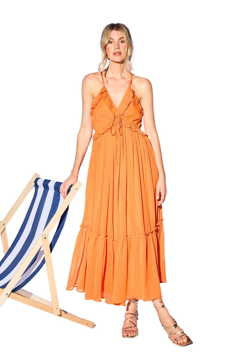 Warehouse Chiffon Ruffle Strappy Floaty Maxi Dress, Alternate, color, Orange