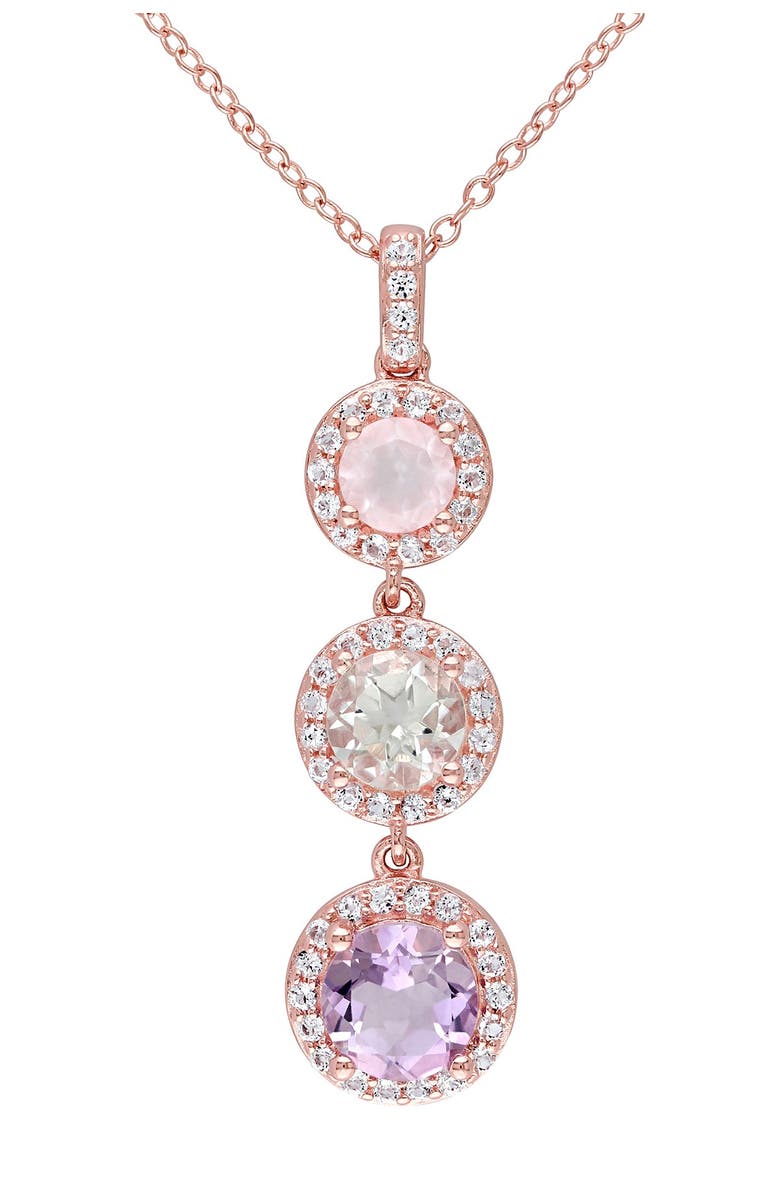 DELMAR Rose Quartz, Green Amethyst, & Rose de France Triple Drop Pendant Necklace, Main, color,