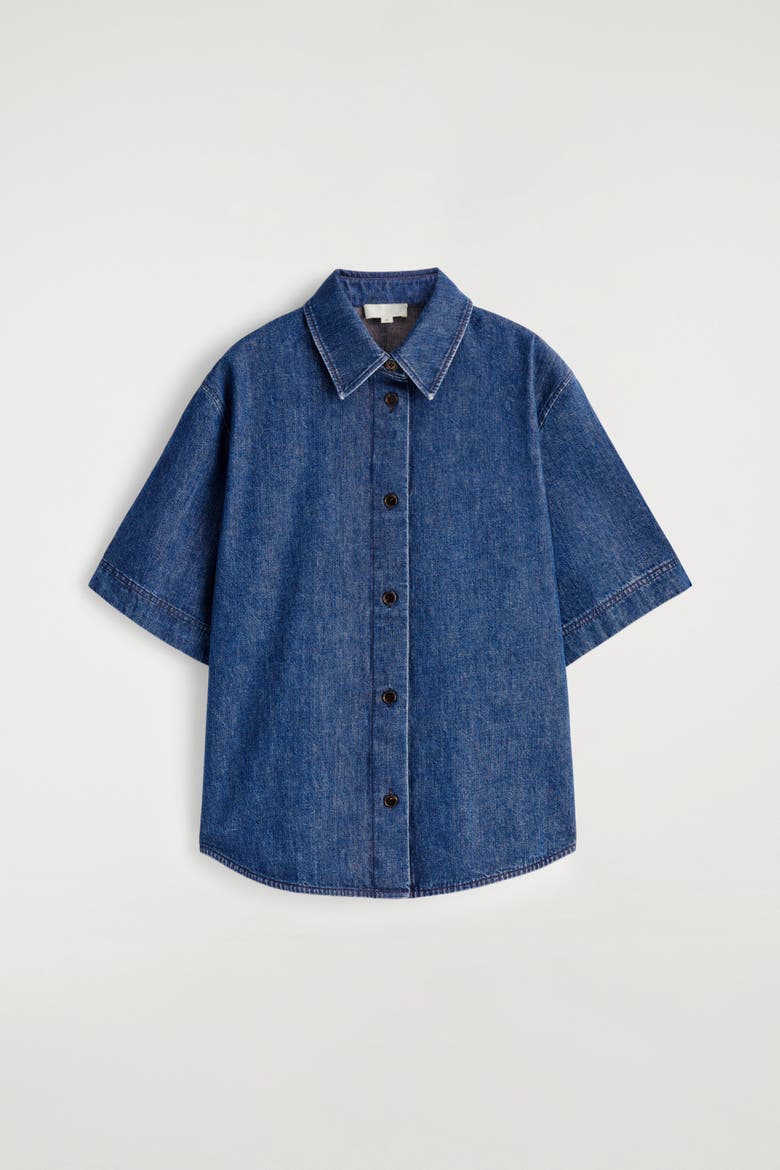 Boxy Short-sleeved Denim Shirt, Alternate, color, DARK BLUE