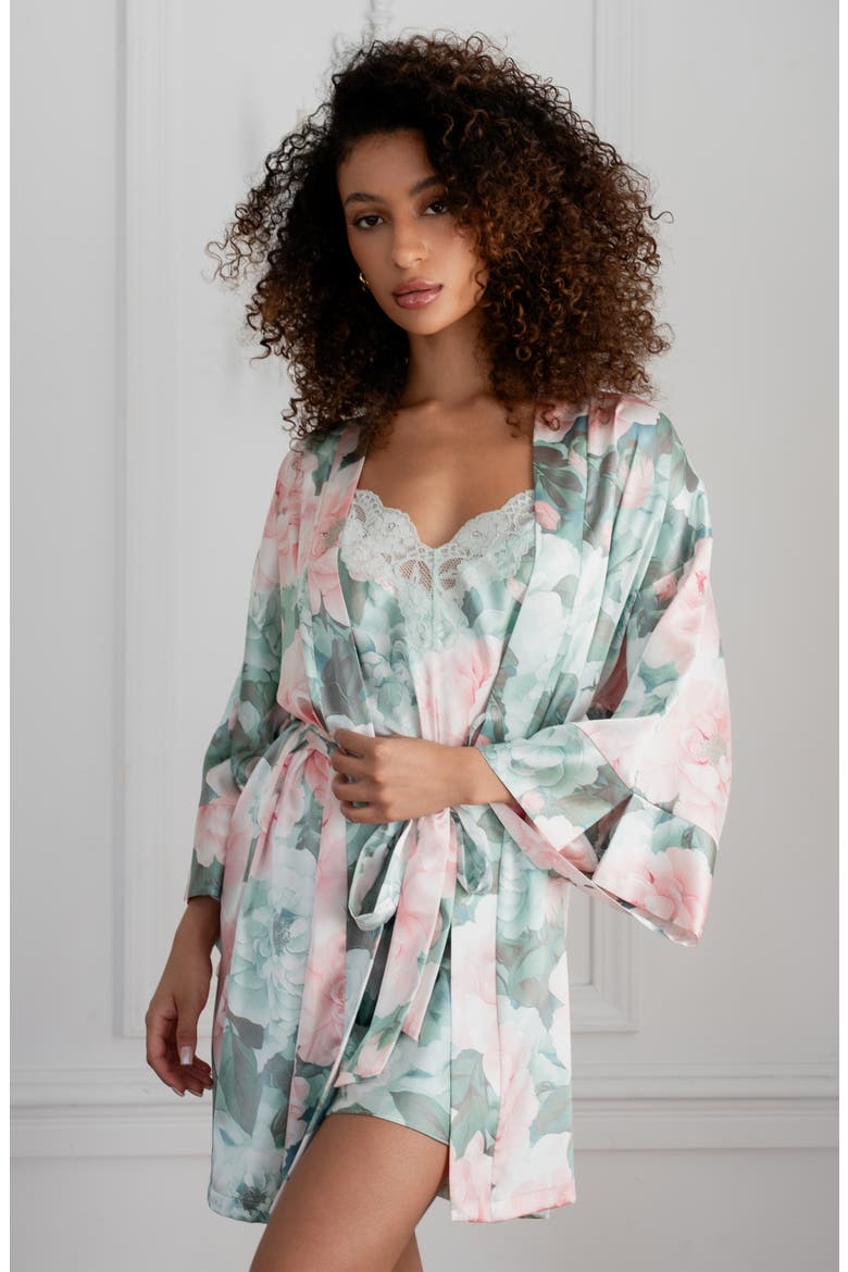 Gracie Lace Trim Satin Robe, Alternate, color, JADE FROST