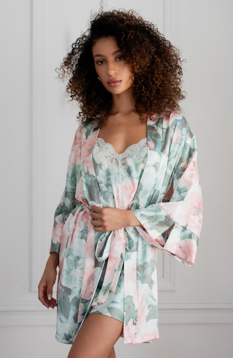 In Bloom by Jonquil Gracie Lace Trim Satin Robe, Alternate, color, Jade Frost