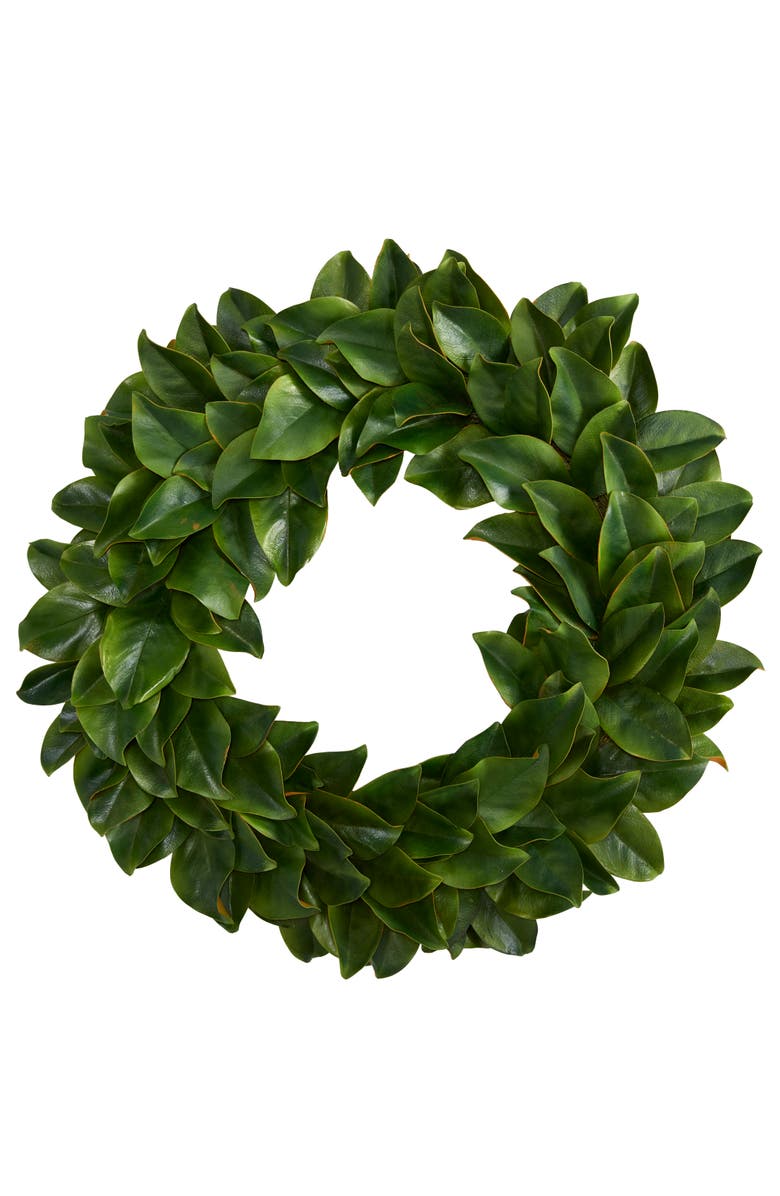 NEARLY NATURAL 30-in Magnolia Artificial Wreath, Main, color, Green