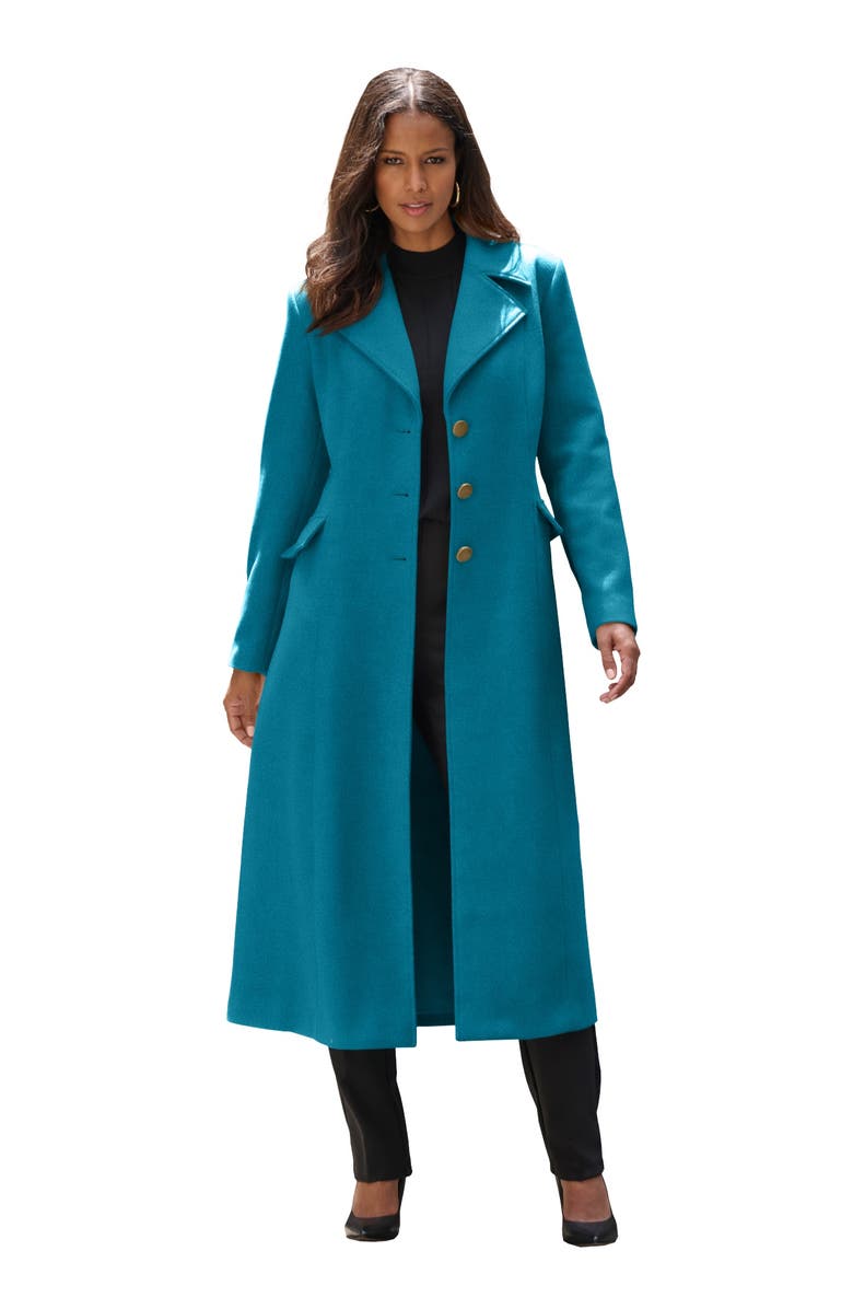 Roaman's Plus Size Long Tailored Wool Blend Coat, Main, color, Deep Teal