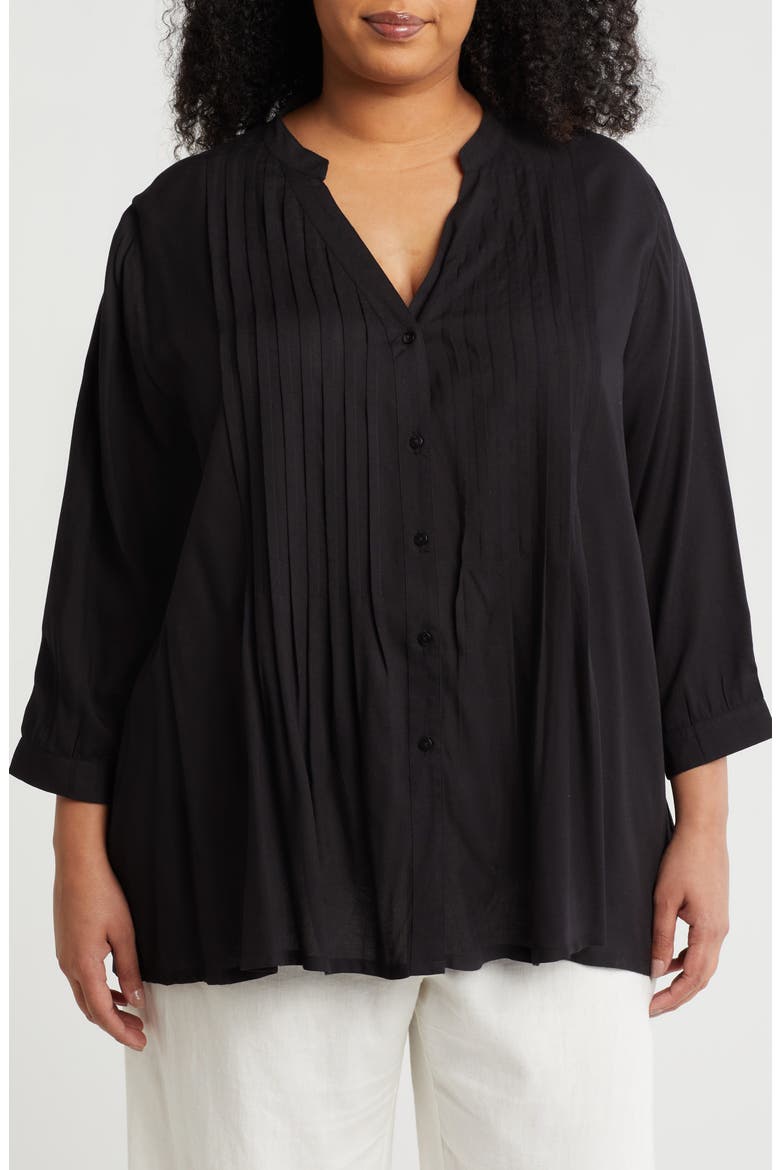 Pintuck Long Sleeve Button-Up Shirt, Main, color, BLACK