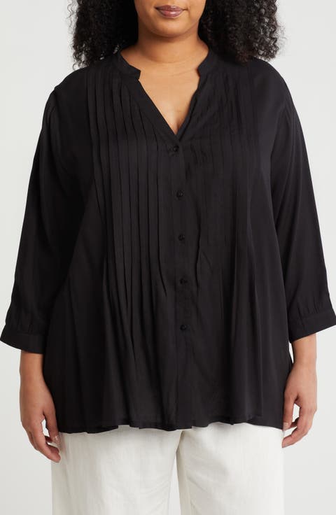 Pintuck Long Sleeve Button-Up Shirt (Plus)