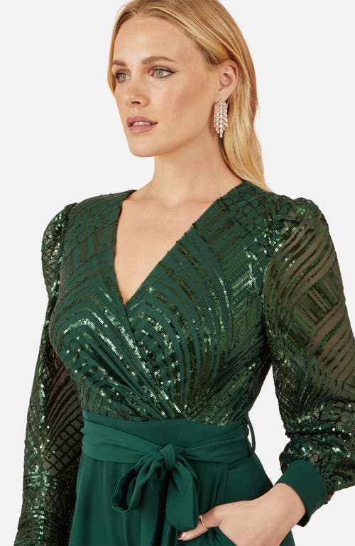 Yumi Sequin Wrap Over Jumpsuit In Green
