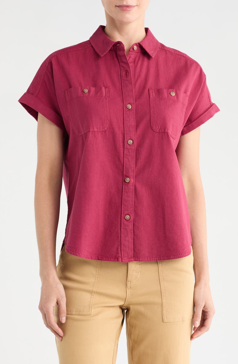 Tommy Bahama Coastal Cotton Twill Short Sleeve Button-Up Shirt, Main, color, Rhumba