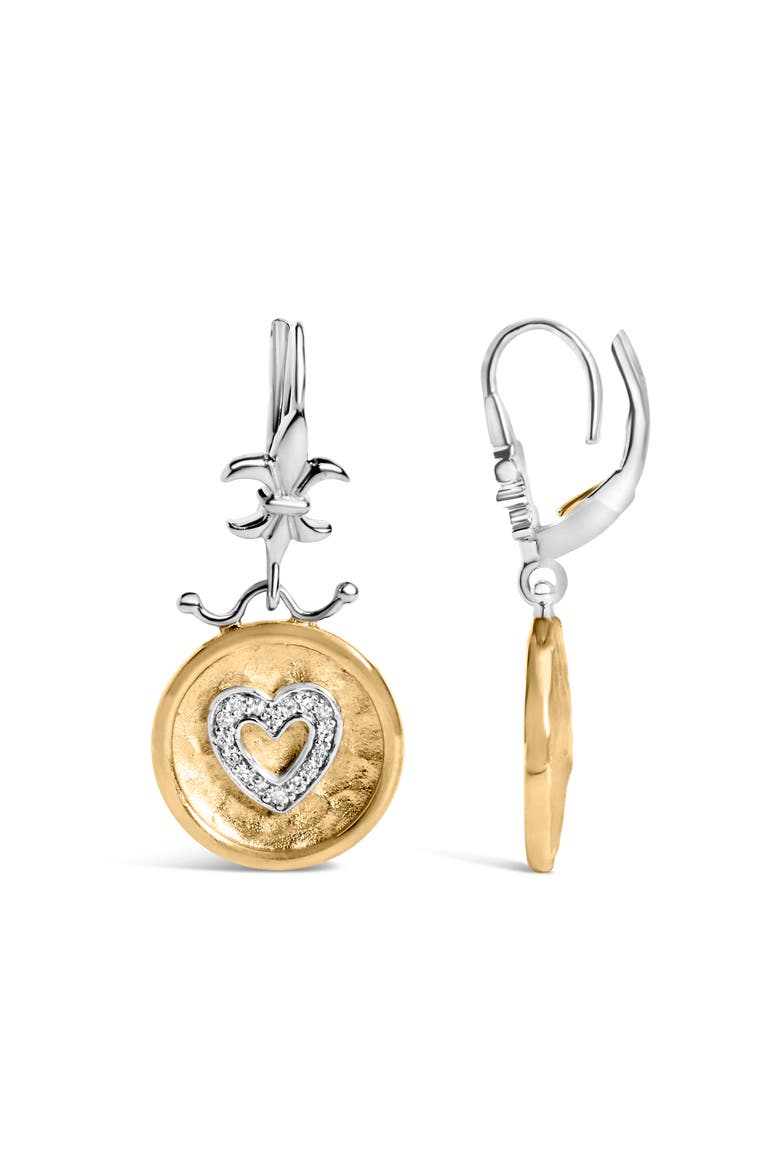 18K Yellow Gold Plated Silver 1/8 Ct Diamond Medallion Heart Dangle Earrings, Alternate, color, Yellow