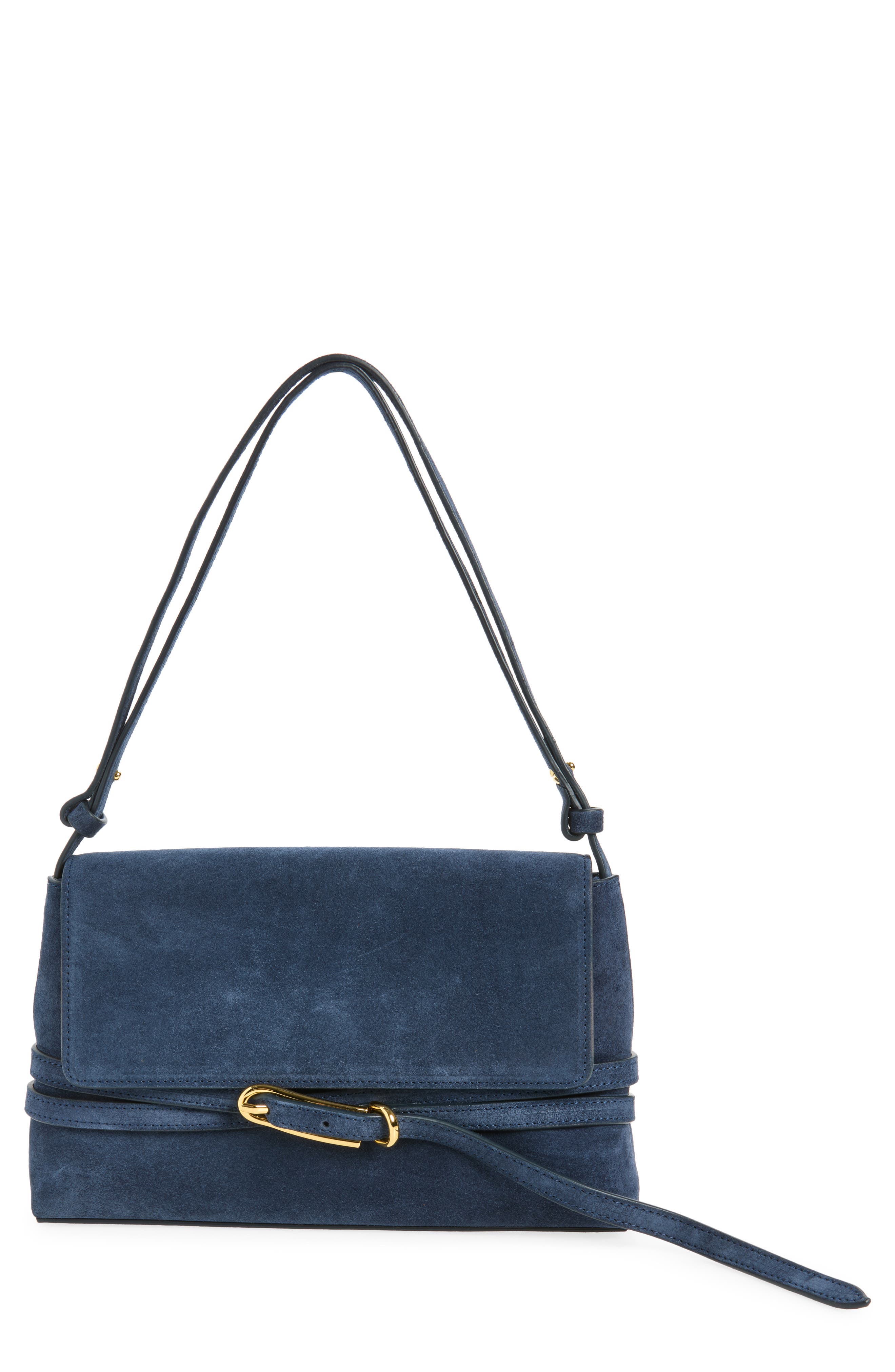 Belted Suede Shoulder Bag, Main, color, NAVY