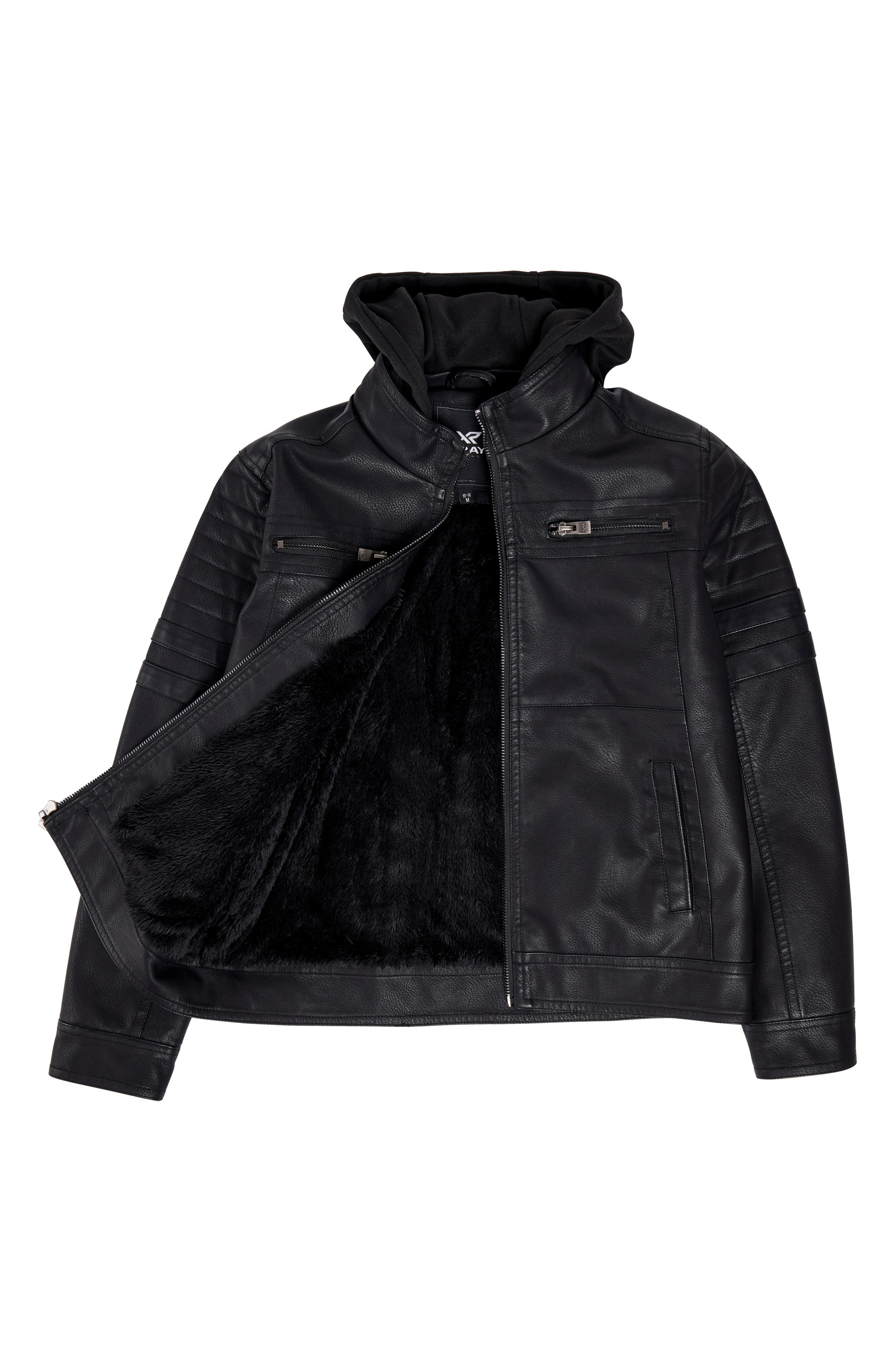 Kids' Hooded Faux Shearling Lined Faux Leather Moto Jacket
