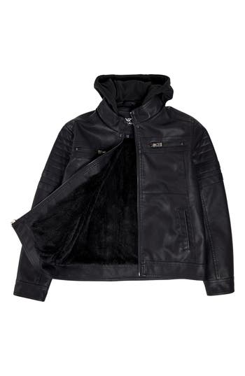X-ray Xray Kids' Hooded Faux Shearling Lined Faux Leather Moto Jacket In Black