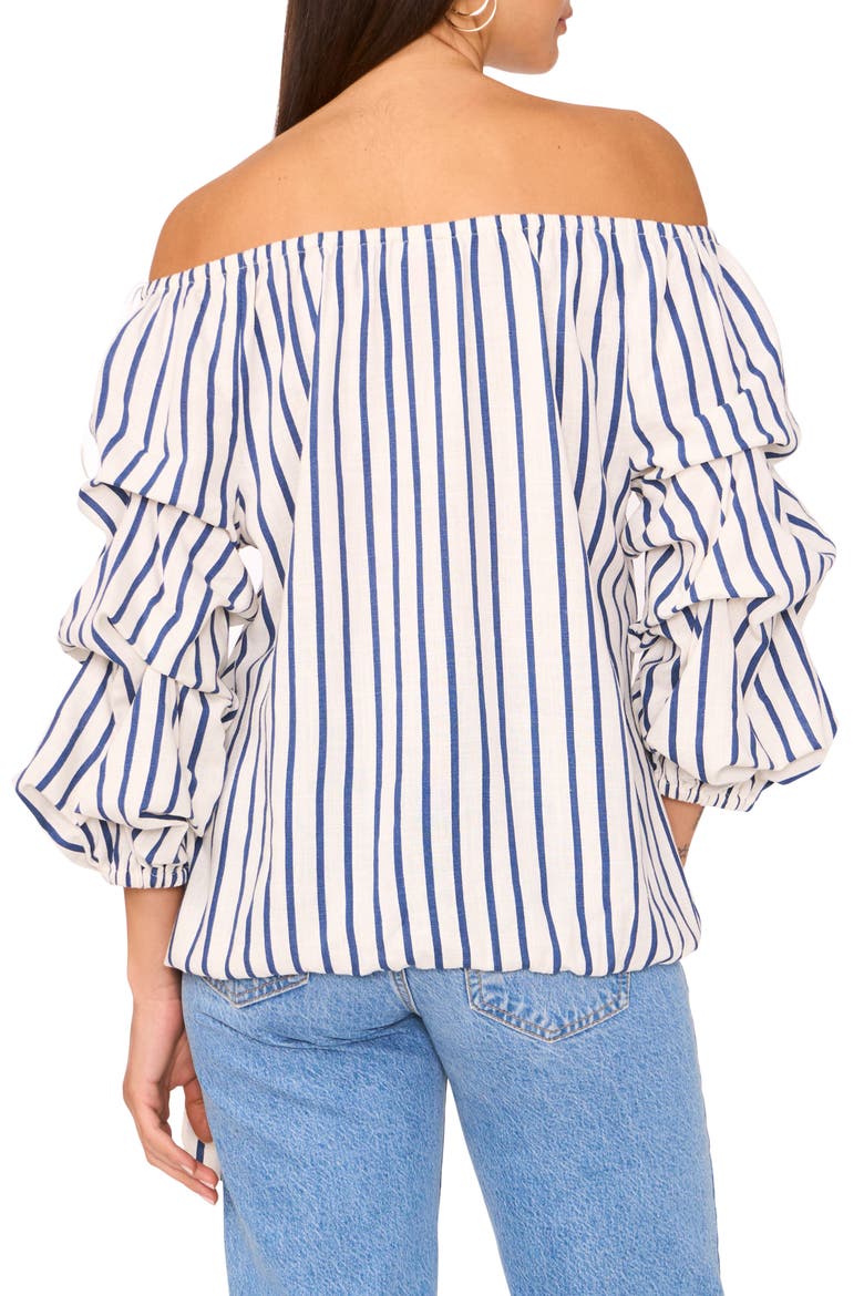 Stripe Off the Shoulder Linen Blend Bubble Sleeve Top, Alternate, color, DENIM NAVY