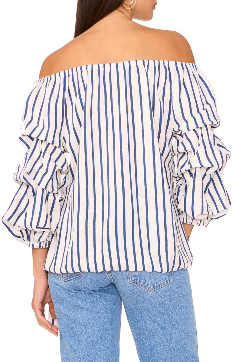 Vince Camuto Stripe Off the Shoulder Linen Blend Bubble Sleeve Top, Alternate, color, Denim Navy